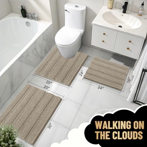 Image of OLANLY Thick Bathroom Rugs 36x24, Extra Soft Absorbent Chenille Striped Bath Rugs, Rubber Backing, Machine Wash Dry, Bath Mats for Bathroom Floor, Tub and Shower, Home Decor Accessories, Warm Taupe