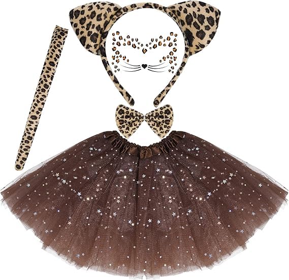 Disfraz De Leopardo De 4 Piezas – Diadema, Cola, Pajarita Y Tatuajes Faciales, Para Mujer Y Niño