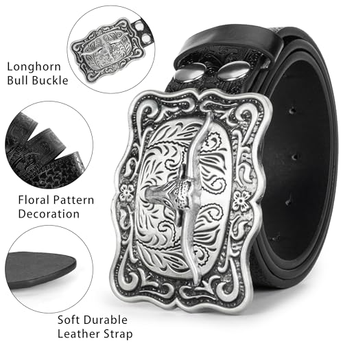 Image of UTOWO Western PU-Leather Cowboy Buckle Belt for Men and Women Jeans Engraved Floral Longhorn Bull Buckle Belt (25-38 inch waist)