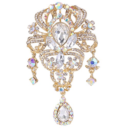 EVER FAITH Austrian Crystal 3.8 Inch Vintage Style Teardrop Flower Brooch Iridescent Clear AB Gold-Tone