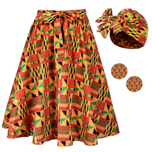African Attire for Women 3 Pcs Traditional African Dashiki Skirt Set with Head Wrap Scarf and Earrings (M)