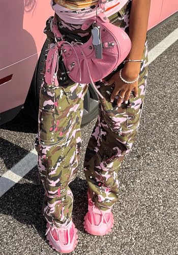 Women Plus Size Camo Cargo Pants, Stretchy High Waisted Camouflage Baggy Active Streetwear Trousers with Pockets4