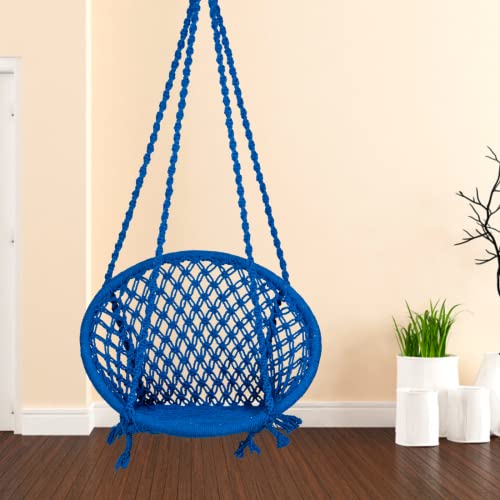 Image of Patiofy Cotton Netted Round Large Swing for Adults /Swing for Balcony /Swing Chair for Adults for Home /Hammock Swing for Adults /Swing Chair Wooden /Without Hanging Kit (120Kgs Weight Capacity- Blue)