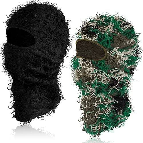 Newcotte 2 Pack Distressed Balaclava Ski Mask Full Face Knitted Balaclava Windproof Cool Ski Mask for Cold Weather, Black, Green, One size