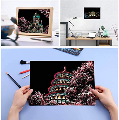 Scratch & Scratchboard Art Paper for Kids & Adults, Rainbow Painting Night View Creative Gift, 8 Sheets A4 Scratch Cards with 4pcs Scratch Drawing Tools