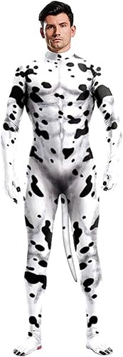 Miniatura 5 de Disfraz de dálmata de Halloween con máscara de capucha de perro, body completo de dálmata, zentai 3D animal cachorro musculoso mono para hombre