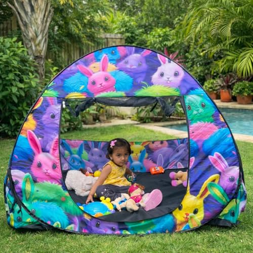 Image of Play House Foldable One Side Round Tent House for Kids Lightweight and Portable |Foldable Tent House for Kids Activity Indoor Outdoor |Play Tent House for Multi Purpose (Rabbit)