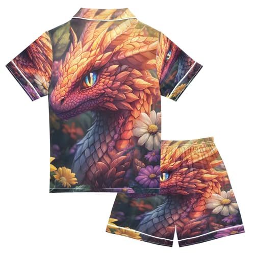 ALAZA Dragon Flower 3d Satin Pajamas Set Short Sleeve Button Down Sleepwear Summer Pjs 2 Piece2