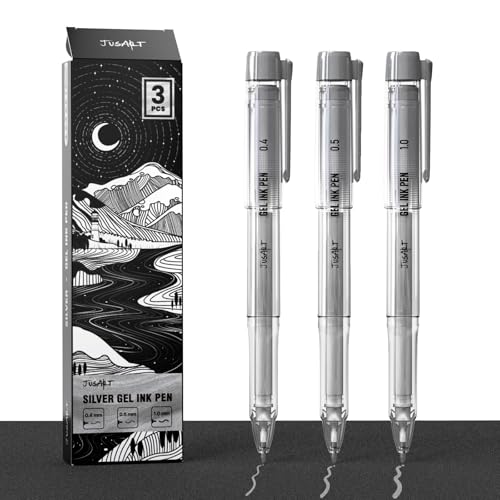 JusArt Silver Pens with 0.4mm 0.5mm & 1.0mm Assorted Tips Opaque Ink Gel Pens for Black Paper Drawing Journaling & DIY Crafts Ideal Drawing Pens for Artists & Art Supplies 3 Pack