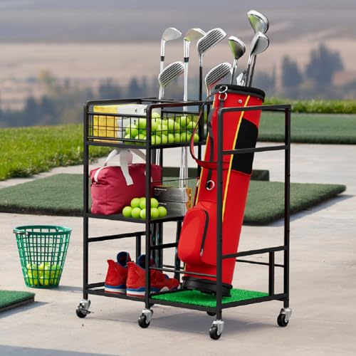 Golf Bag Storage Garage Organizer Golf Bag Stand for Single Golf Bag, Golf Clubs, and Golf Equipment Accessories Golf Bag Holder Storage Rack with Wheels for Garage, Club, Sports, Basement, Black