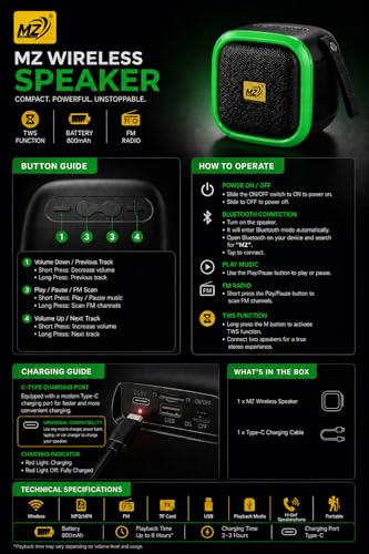 Image of 10W Wireless Bluetooth Speaker with Deep Bass, TWS Function, Type-C Fast Charging, 3-5 Hours Playtime, Portable Mini Speaker with FM /USB /TF Card Support & Bluetooth 5.0 (M Green)