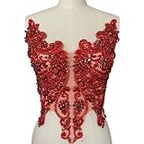 Handmade Rhinestones Lace Appliques Sew on Glass Beads Bodice Trim Patches Accessory for Dress Clothes (Red)
