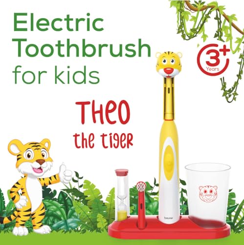 Beurer TB10 Kids Electric Toothbrush Kit - Fun Theo The Tiger Cap with 2 Extra-Soft Brush Heads to Help Remove Plaque, 2 Minute Timer, and Rinse Cup, BPA-Free, Safe for Ages 3+