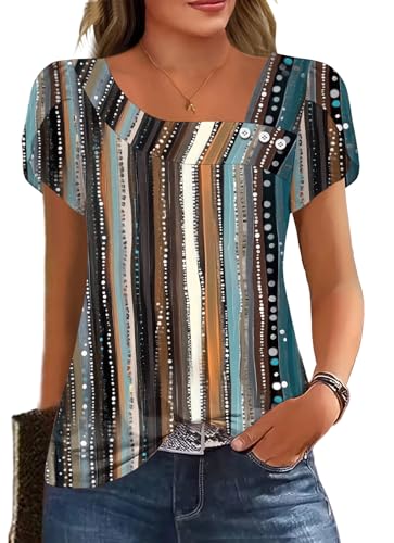 Image of Womens Petal Sleeve Tops Summer Trendy T Shirt Casual Loose Square Neck Button Blouse Tees