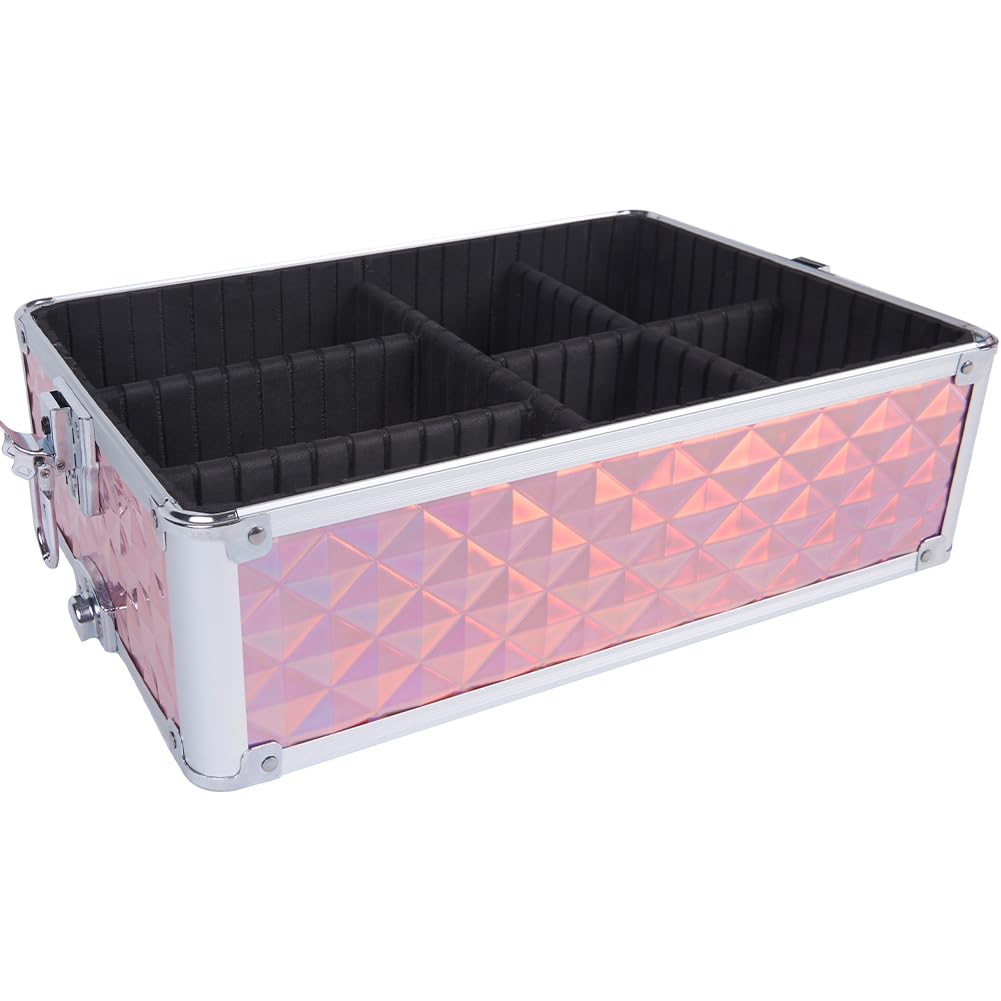 BAKAJI Trolley Make Up 4 in 1 Professionale con Trama Oleografica a Triangolare, Beauty Case Estetista Portatile, Valigia Porta Trucchi con Ruote Staccabili, Valigetta Organizer Makeup Viaggio (Rosa)