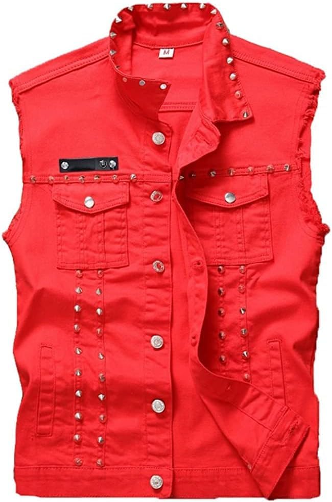 Image of Lazutom Men's Punk Denim Vest Sleeveless Lapel Jean Jackets Waistcoat with Rivets