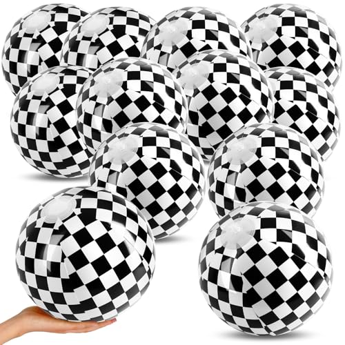 AXBMM 12PCS Race Car Checkered Flag Beach Ball Set–8" Vibrant Black & White Themed Beach Balls for Kids’ Racing Birthday Parties,Summer Pool Games,End of Year Class Decorations,Bulk Party Favors
