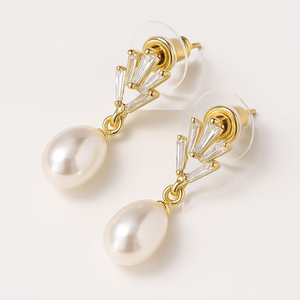 STONEFANS Pearl Earrings for Women - 14K Gold Plated Leaf Flower Bar CZ Pearl Drop Dangle Dainty Gold Earrings for Women Trendy Wedding Jewelry Bridesmaids Gifts - Image 7