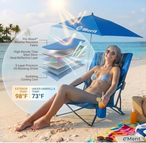 Image of EMERIT Beach Chair with 360 Adjustable UPF 50+ Umbrella, 300 lbs Heavy Duty Capacity Low Profile Sand Chair, 7 lbs Lightweight Backpack Folding Chair for Soccer Sidelines, Concerts & Camping