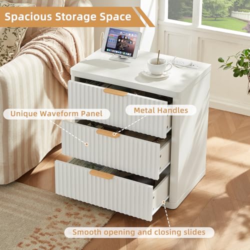 Image of LEYAOYAO 23 inch Wide Fluted Night Stand with Charging Station,3 Drawers Large End Table with Storage,White Nightstand Wood Bedside Tables, Farmhouse Cabinet Dresser for Bedroom,Closet
