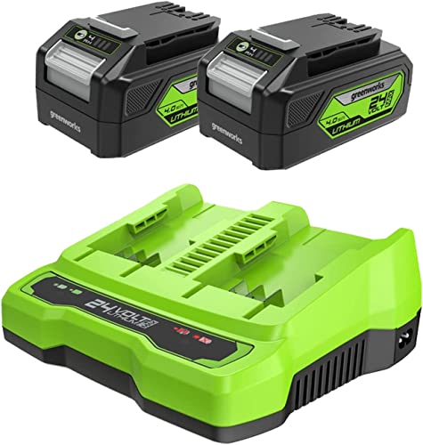 Greenworks 2 baterías 24V 4Ah G24B4 y cargador doble ranura G24X2C, Li-Ion 24V 4Ah 48W salida 4A voltaje 60 minutos tiempo carga batería 4Ah para todos los dispositivos de la serie 24V Greenworks Cover