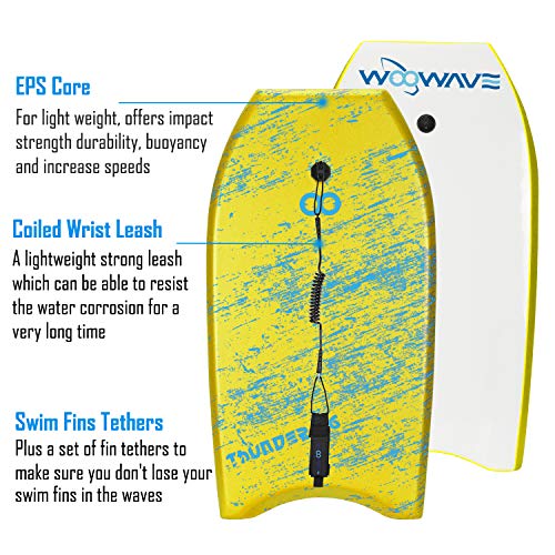 Woowave Bodyboard 33-Inch/36-Inch/41-Inch Super Lightweight Body Board With Coiled Wrist Leash, Swim Fin Tethers, Eps Core And Slick Bottom, Perfect Surfing For Kids Teens And Adults（41 Inch, Yellow） #TOP2