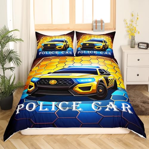 Homemissing Juego de ropa de cama tamaño King con diseño de coche de policía, diseño de panal de abeja, geométrica moderna, diseño hexagonal, amarillo y azul