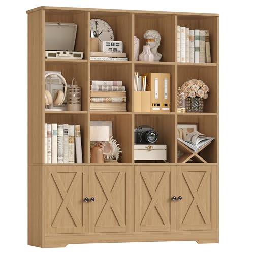 FirFurd Bibliotheque avec 2 Portes 15 Étagères Rangement Bibliothèque Meuble de Rangement Bibliotheque Livre pour Salon Bureau Cuisne Chambre 121x 29.8 x 144.8 cm, Chêne