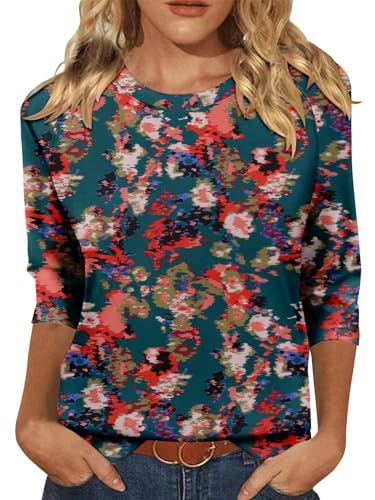 KISSMODA Tunic Tops for Women Loose Fit Dressy Round Neck Pleated 3/4 Length Sleeve Spring Tops