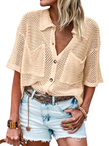Image of Fisoew Womens Crochet Lightweight Cardigan Sweaters Short Sleeve Summer Button Down Collared Loose Cover Up Shirts