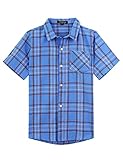 Spring&Gege Jungen Kurzarm Karo Hemd, Plaid Knopf Unten Hemd für Kinder, Blau, 140-146/9-10 Jahre
