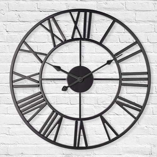 TrendMakers 88 CM Large Wall Clock with Roman Numerals – Vintage Inspired Black Metal Skeleton Design, Silent Quartz Movement, Decorative Wall Clock for Modern & Classic Interiors (88cm)