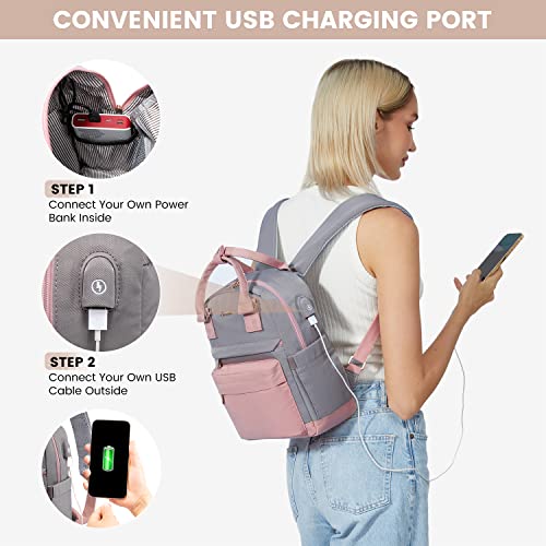 LOVEVOOK Rucksack Damen Klein, Wasserdicht Cityrucksack Handtasche 2 in 1, Mini Tasche Daypack Backpack Women Elegant für Freizeit Schule Reisen Arbeit, Rosa Grau