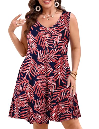 Image of JollieLovin Women Plus Size Summer Sundress Tank Sleeveless V Neck Beach Swing Dress Swimsuit Cover ups(L-5X)