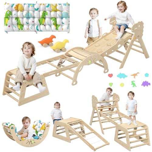 Image of KidsBuddy Large Pikler Triangle Set with Pillow Foldable Toddler Climbing Toys Indoor Climbing Toys for Toddlers Inside Montessori All in 1 Pikler Set with Maze, Shape Sorter, Car Toy