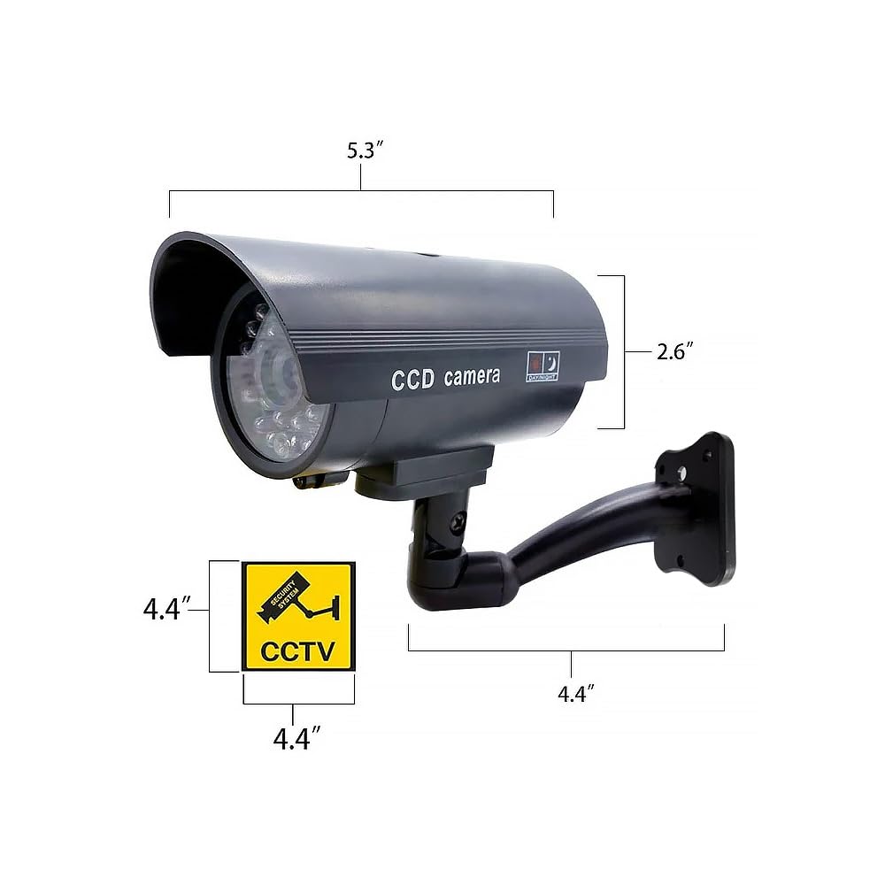 Cámara de seguridad falsa, sistema de vigilancia CCTV simulado con luces intermitentes rojas realistas y calcomanía de advertencia para interiores y exteriores