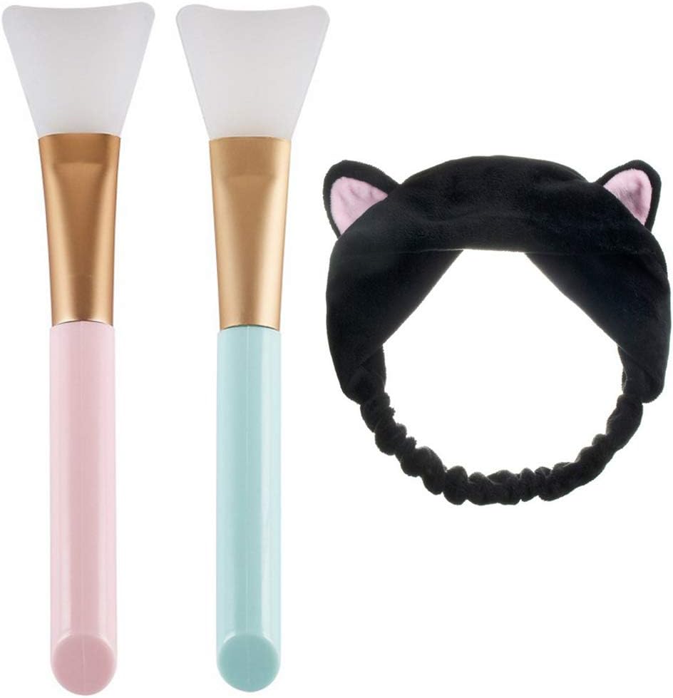 Amaoma 2 Pieces Silicone Face Mask Brush Facial Mask Brushes and 1 Pieces Cat Ears Headband Makeup Set for Girls Women, Makeup Headband Applicator Brush for Applying Facial Mask Eye Mask DIY Needs