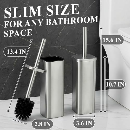 Image of Toilet Brush with Square Holder - Toilet Brush and Holder Set Silver, Stainless Steel Handle with Splash Shield, Replaceable Head and Removable Inner Cup - Freestanding Bathroom Toilet Cleaning Set