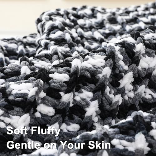 Image of #6 Super Bulky Blanket Yarn for Crocheting - 4 Skeins(Each 10.5oz /300g, 220yds /201m), Chunky Chenille Thick Plush Big Soft Yarn for Crocheting Knitting Blankets, Black & Grey & White