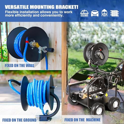 Image of MEKOH Pressure Washer Hose Reel 50ftx3 /8 inch / 65ftx1 /4 inch, 4000PSI Heavy Duty Power Washer Hose Reel with M22-14 Fitting, Hand Crank Metal Reel with Wall /Trailer /Van Mount, Manual Hose Reel for Water