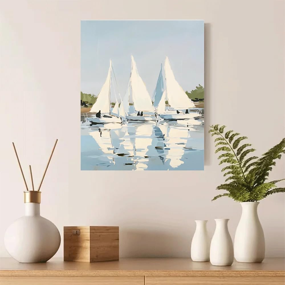 GKUVBF Voiliers sur eau calme et réfléchissante, impression sur toile, paysage côtier serein, affiche décorative pour salon (60 x 80 cm/cadre intérieur)