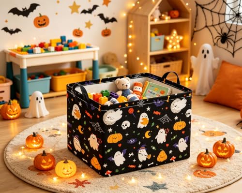 Image of Rectangular Halloween Basket for Boys and Girls Kids Trick or Treat Pumpkin Basket for Halloween Parties Cute Storage Bin Organizer Box Room Decor(Black Halloweens)