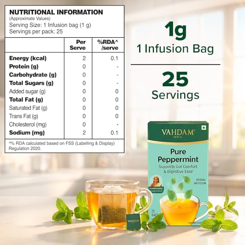 Image of VAHDAM Pure Peppermint | Supports Gut Comfort & Digestive Ease | 100% Peppermint Leaves | Refreshing Herbal Infusion | Caffeine Free | Non-Bitter | 25 Tea Bags