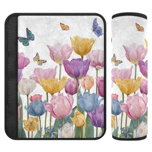 Image of Light Pink Tulips Butterfly Seat Belt Cover Pad 2 Pcs Soft Cute Seatbelt Covers Protector Support Head Neck Shoulder Strap for Car Seats High Chair Backpack for Adults Kids Women Men 6.5x6.5In
