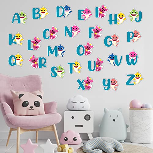 BBY Shrk AZ Alphabet Wall Sticker Colorful Cartoon-Themed Nursery & Room Dcor Featuring Letters with Ocean Icons Fun Educational Supplies for Birthdays Classrooms & Play Areas