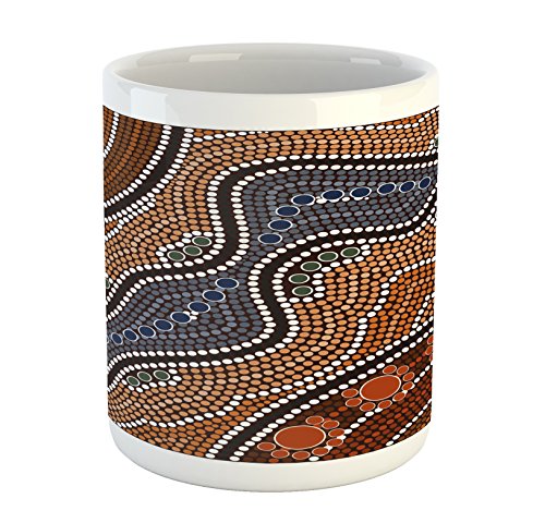 Lunarable Art Mug Aboriginal Culture Inspired Abstract Nature Scene Native Australian Illustration Ceramic Coffee Mug Cup for Water Tea Drinks 11 oz Orange Brown