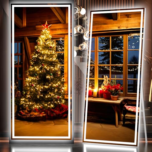 Hasipu Oversized 79” x 32' Full Length Mirror with Lights, LED Lighted Floor Standing Mirror, Full Body Dressing Hanging Mounted Mirrors, Dimmable, Tempered Glass, Safe to Use, Square White