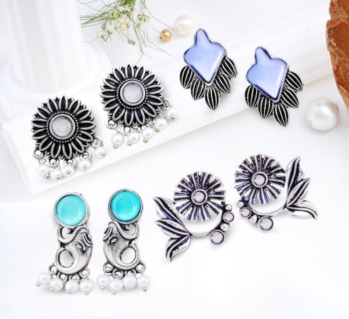 Image of FUBS Oxidized Designer Stud Earrings Set of 12 with Folding Jewelry Box | Traditional & Modern Earring Set for Women & Girls