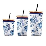 SIPCHIC Iced Coffee Sleeve β Neoprene Reusable Cup Sleeves for Drinks, Insulated Drink Sleeves to Keep Hands Dry & Drinks Cold, Stylish & Durable Coffee Sleeves (Blue Porcelain Bloom, S/M/L 3-Pack)
