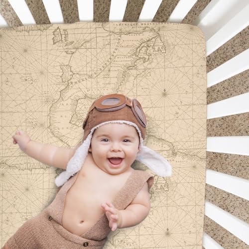Image of Glenna Jean Explore Baby Fitted Crib Sheet with Map Print, Adventure Explore Travel Theme Soft Infant Bedding Fits Standard Crib Mattress Cotton Tan Nursery Decor Baby Boys and Girls Unisex